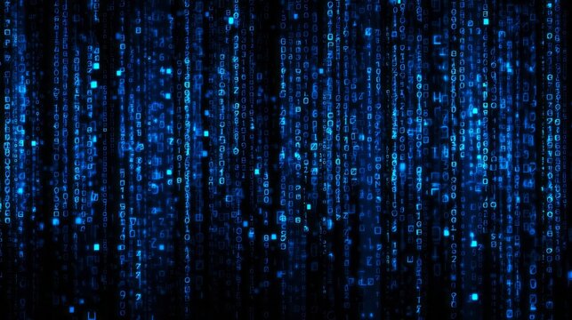 Cascading streams of luminous blue digital code flow downward against a dark background