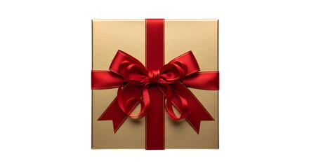 A gold gift box with a red ribbon bow silhouette