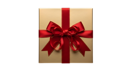 A gold gift box with a red ribbon bow silhouette
