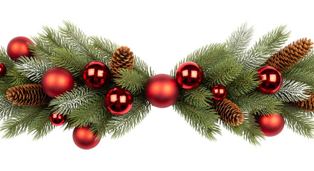 Festive christmas garland with red ornaments and pinecones silhouette