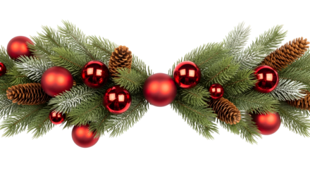 Festive christmas garland with red ornaments and pinecones silhouette