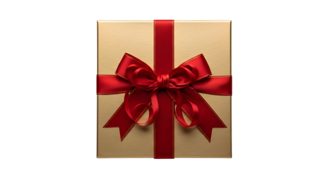 A gold gift box with a red ribbon bow silhouette - Powered by Adobe