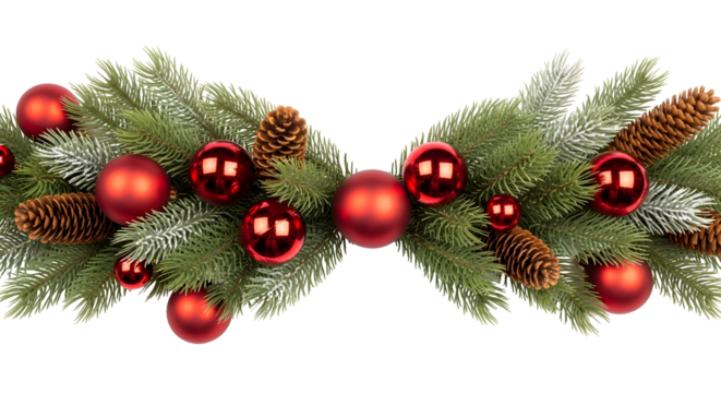 Festive christmas garland with red ornaments and pinecones silhouette