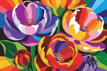 Psychedelic vibrant flowers with groovy design and colorful art style