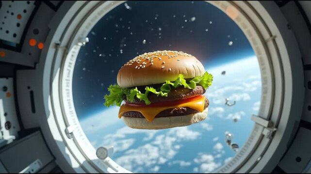 Hamburguesa doble con queso cheddar y hojas de lechuga flotando en el espacio con vista a la Tierra