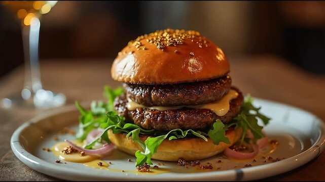 Hamburguesa con queso, tomate, lechuga y papas fritas en fondo de restaurante