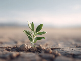 Fragile sprout emerging from cracked earth, symbolizing hope, resilience, and new beginnings. Ideal for environmental, business, or personal growth concepts.