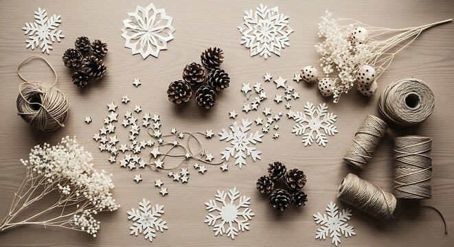 A flat lay of rustic winter crafting supplies including pinecones, snowflakes, and twine on a beige surface.