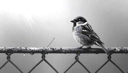 A monochrome image of a small bird perched upon a chain-link fence with a bright, hazy background
