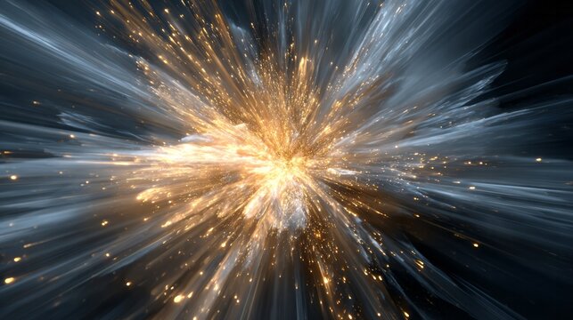 Brilliant explosion of intense golden light radiates outwards into dark space