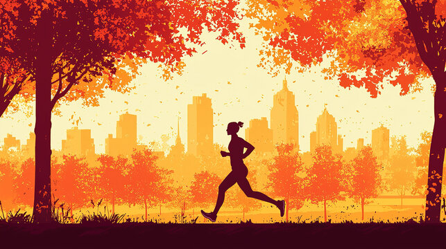 Woman running through park in fall with city skyline background