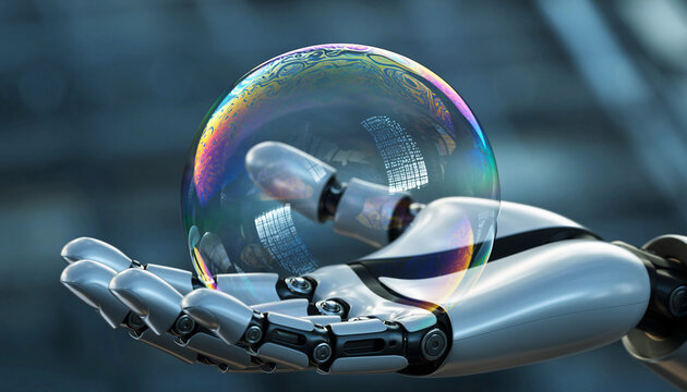 Robotic Hand and Bubble: A polished robotic hand gently cradles a vibrant, iridescent bubble, its surface reflecting a spectrum of colors.