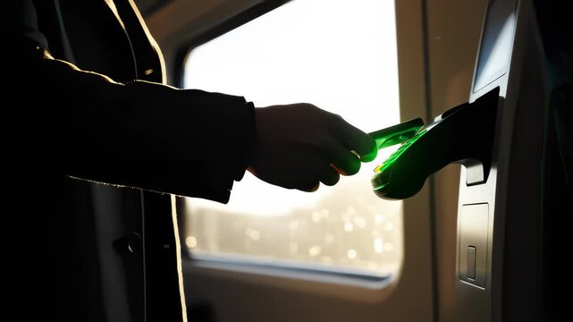 Person Paying With Phone on Train Ticket Validator Device