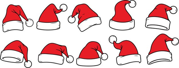 Collection of various red santa hats with white trim and pompoms