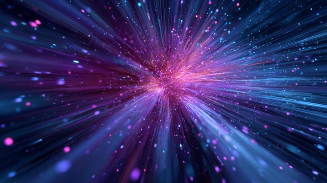 Energetic burst of vibrant purple and blue light streams outward from a central point.