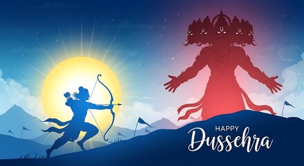 Naklejka premium Happy Dussehra Festival Celebration Background Featuring Lord Rama Drawing His Powerful Bow Against The Mighty Ten Headed Demon King Ravana Under A Bright Celestial Sky Vector Illustration