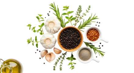 Herbs and spices arranged in a circular pattern silhouette