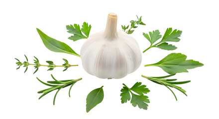 Garlic bulb surrounded by fresh herbs silhouette