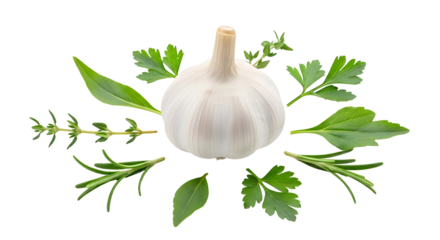 Garlic bulb surrounded by fresh herbs silhouette