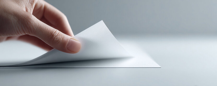 A clean, minimalist image featuring a hand gently turning a crisp, white page. Represents fresh starts, creativity, secrets revealed, or new beginnings.