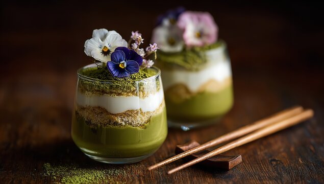 Indulge in the vibrant allure of matcha desserts with fresh edible flower garnishes, a delicious modern twist on traditional Japanese sweets for a healthy treat