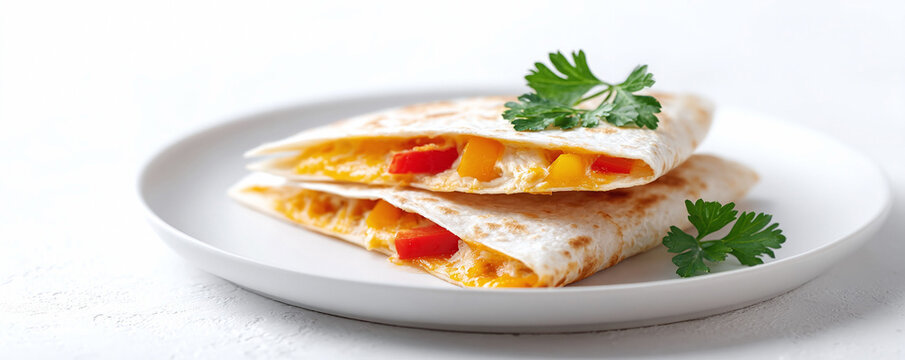 Delicious cheesy quesadillas, with peppers, served on a white plate with fresh parsley. Concept Comfort food, simple recipes, quick lunch or dinner. Food photography.