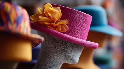 Elegant, bright hat collection. Striking millinery, suitable for fashion events, vintage themes, or artistic projects. Focus on style, sophistication,  tradition.
