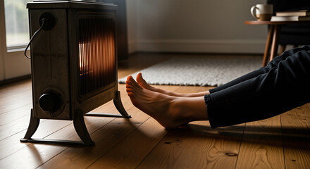 Bare feet near heater cozy barefoot legs warming up by portable home heater on wooden floor in living room, warmth heat comfort relaxation hygge atmosphere in cold season