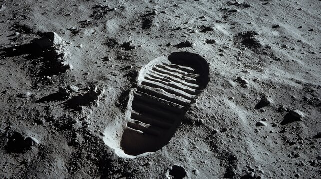 Innovation and Human Achievement, an astronaut's boot print on the moon surface, a milestone in exploration history.