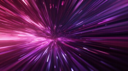 Vibrant magenta and purple light streams rush toward a central vanishing point in deep space