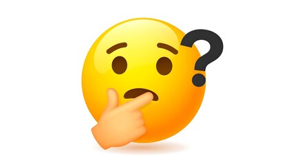 A worried, glossy, yellow emoji with a question mark and a hand touching its mouth on a white background