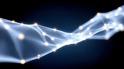 An abstract, glowing network structure with interconnected nodes against a dark, deep blue background. The structure appears fluid and dynamic, with soft light