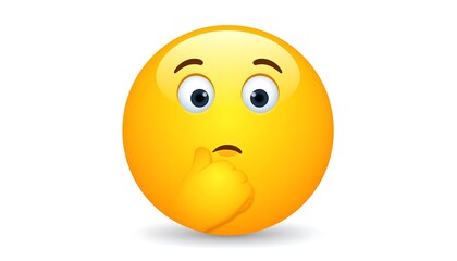 Fototapeta premium A worried, shiny, yellow circular emoji with hand near mouth, expressing anxiety or pondering, isolated on white