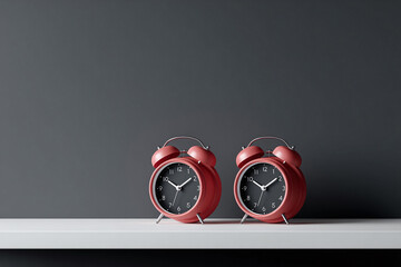 Two retro alarm clocks in coral color sit on a shelf against a dark gray wall. Minimalist design. Conveys concepts of time, deadlines, routine, mornings, productivity, reminders, and urgency.