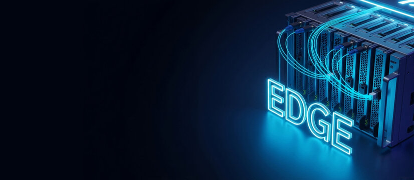 Edge computing concept with a futuristic server and glowing fiber optic cables. Data center network infrastructure with blue neon light. Modern technology background with copy space