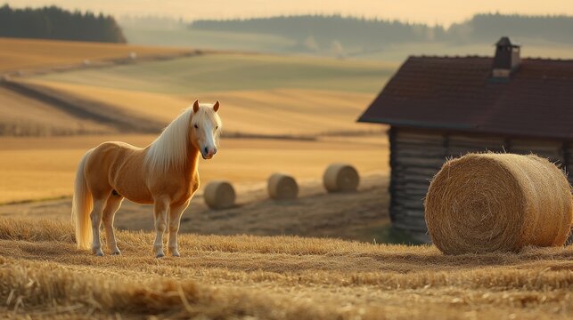 Charming Haflinger Horse Near Rustic Barn and Golden Hay Bales in Peaceful Countryside Setting