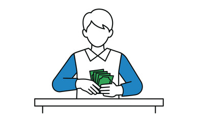 A simple illustration of a person sitting at a table and counting a stack of green banknotes.