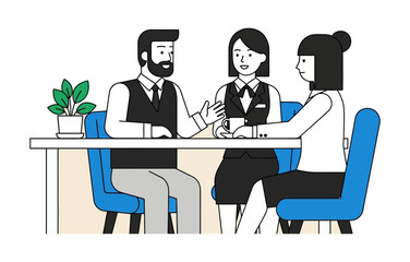 Three people are sitting at a table, discussing something.