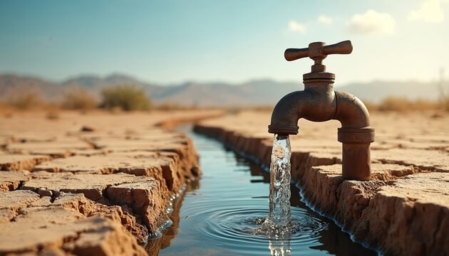 Dry cracked earth has a water pipe dripping liquid. Arid landscape shows limited water resources. Drought affects global environment and creates desert conditions.