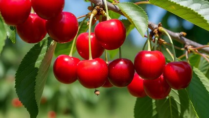Ripe red cherries hanging from a tree branch with green leaves and a blurred blue sky background 4K Ai HD high quality video.
