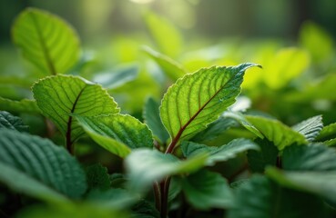Fototapeta premium Green leaves with visible veins and stems. Sunlight filters through the foliage creating a soft, blurry background effect. Plant life and nature detail in close-up.