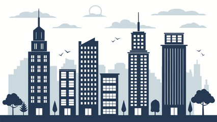 Modern city skyline silhouette with soaring buildings and serene sky design, perfect for architecture firms or urban planning presentations needing a clean look
