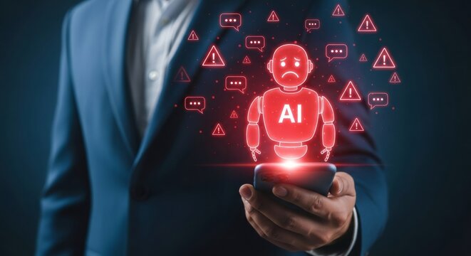 Worried Man Holding Glowing Hologram Robot with AI Text Over Phone in Dark Background Wearing Blue Suit - Powered by Adobe