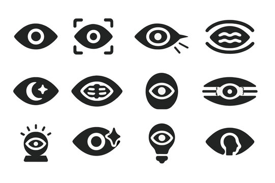 Vision Icon Set. Solid style icons of Vision: vision symbol, focus eye, sharp sight, blurry sight, night vision, x-ray vision,