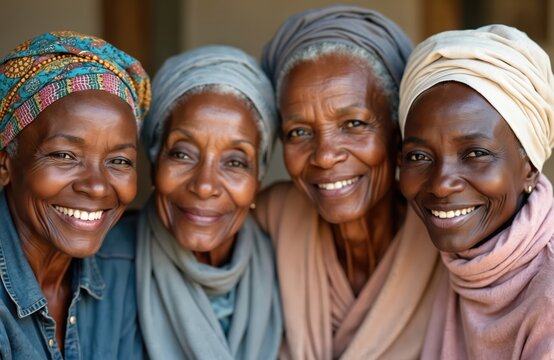 Group of smiling senior women close-up portrait. Four happy elderly females together. Friendship camaraderie and connection concept. Positive emotions and healthy ageing in close bond. - Powered by Adobe