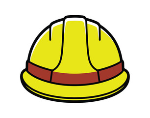 Fototapeta premium A bright yellow hard hat with a red band is depicted against a white background, representing construction safety and occupational protection.
