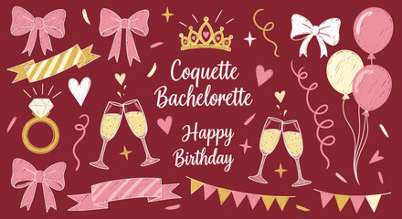 Festive bachelorette party illustration with champagne flutes, balloons, bows, and a crown on a red background.