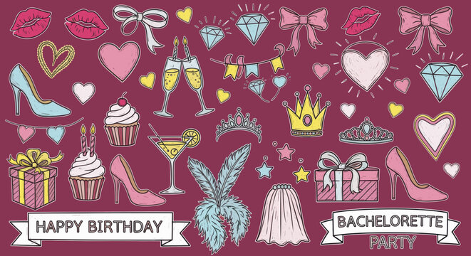 Bachelorette party and birthday themed doodle illustration with girly elements on a dark pink background.