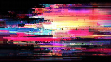 Vibrant horizontal bands of digital distortion create an abstract visual noise effect