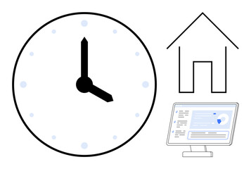Clock, simple computer screen with charts, and house outline illustrating remote work, productivity, scheduling, balance, time tracking, focus and organization. Clean flat metaphor